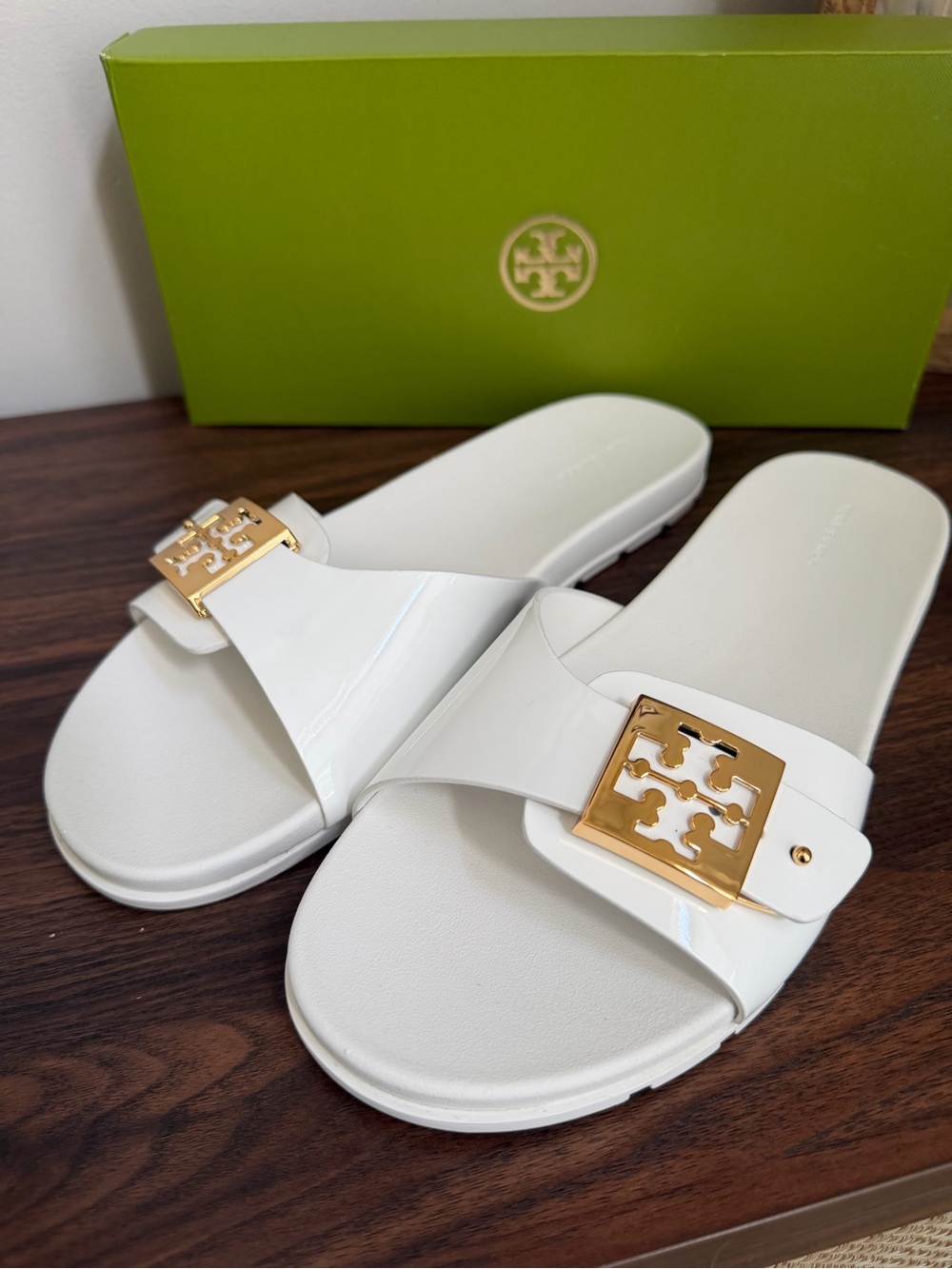 Tory Burch Mellow Buckle Slide White Gold Sandals Size 11 NIB